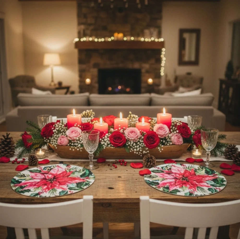Rachel Ashwell Farmhouse Placemats Poinsettia 100% Cotton Set Of 4  Christmas